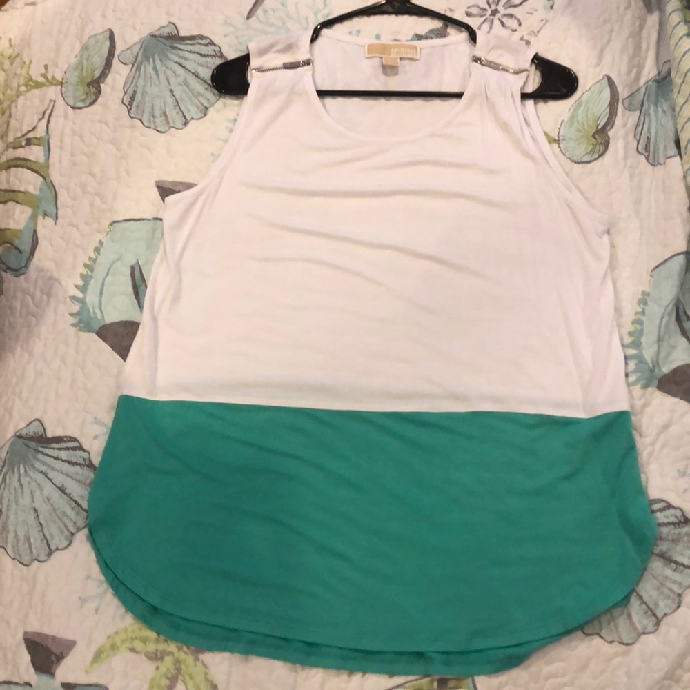 Michael Kors White and Green Color Block Top Lg